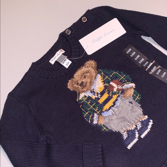 Ralph Lauren Football Designer Polo Bear Navy Blue Cotton Knit Baby Sweater 24m - Picture 2 of 14